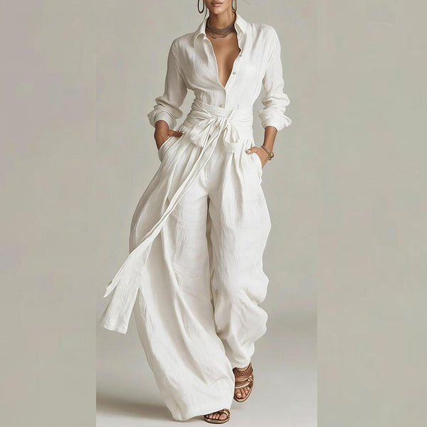 Vintage Solid High Waist Belted 2 Piece Sets Long Sleeve Button Lapel Shirt And Wide Leg Pants Woman Outfit Spring Vacation Suit
