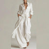 Vintage Solid High Waist Belted 2 Piece Sets Long Sleeve Button Lapel Shirt And Wide Leg Pants Woman Outfit Spring Vacation Suit