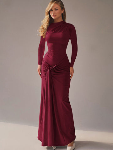 Autumn Solid Elegant O-Neck Long Sleeve Ruched Slim Lace Up Long Dress Women'S Casual Clothes Party Club Outfit