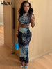 kliou Summer Women Two Piece Dress Set Casual Vintage Print Crop Tops+Maxi Hip Skirt Matching Outfit Girl Slim Hipster Streewear