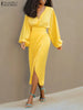 ZANZEA Sexy Long Dress V Neck Collect Waist Sheath Midi Dresses 2024 Women Party Long Lantern Sleeve Split Vestidos Robe