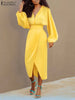 ZANZEA Sexy Long Dress V Neck Collect Waist Sheath Midi Dresses 2024 Women Party Long Lantern Sleeve Split Vestidos Robe