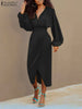 ZANZEA Sexy Long Dress V Neck Collect Waist Sheath Midi Dresses 2024 Women Party Long Lantern Sleeve Split Vestidos Robe