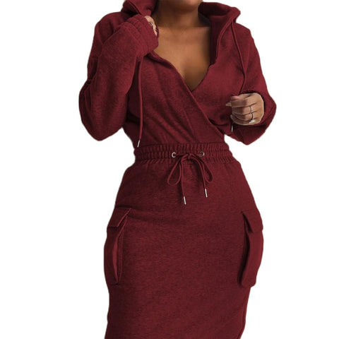 1 Set Plus Size Women Suits Short Pullover Skirt Long Sleeve Spring Autumn Women Blouse Skirt  Pure Color Hoodie Hip Wrap Skirt