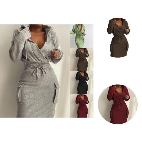 1 Set Skirt Suit Long Sleeve Spring Autumn Slim Pure Color Hoodie Hip Wrap Skirt   Women Blouse Skirt  for Office