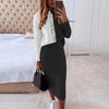 1 Set Women Blouse Skirt  Color Block   Bodycon Skirt Suit Contrast Color High Waist Skirt Suit
