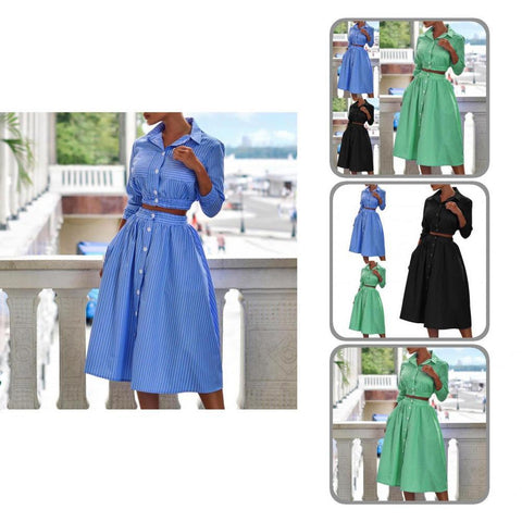 1 Set Women Outfit Striped Print Women Buttons Turndown Collar Striped Print Crop Top Skirt   Blouse Skirt Set  Streetwear