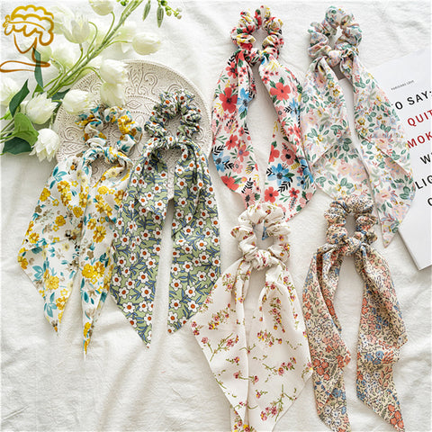 1 pc Spring Summer Bohemian Women Girls Printted Scrunchies Ribbon Elastic Hairband Elegant Cross Boho Hair Accessories