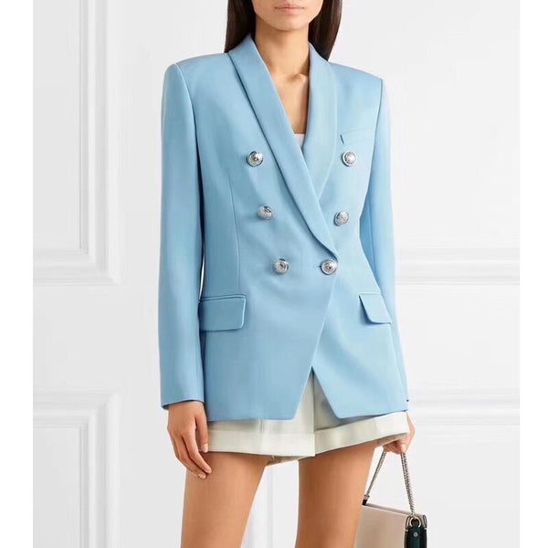 !!! 10.110  BLUE Silver Embossed Button Double-breasted Long blazer SHAWL COLLAR Street wear