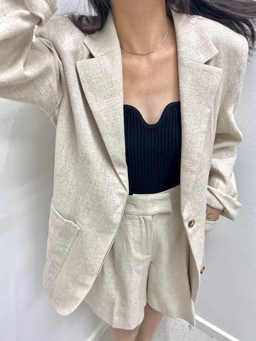 100% Linen Office Lady Suit Notched Double Pockets Blazer + Wide Leg Pants Set