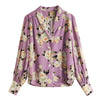 100% Silk Blouse Women Shirt Vintage Style Flower Printed Long Sleeves Loose V Neck Graceful Style Fashion
