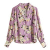 100% Silk Blouse Women Shirt Vintage Style Flower Printed Long Sleeves Loose V Neck Graceful Style Fashion