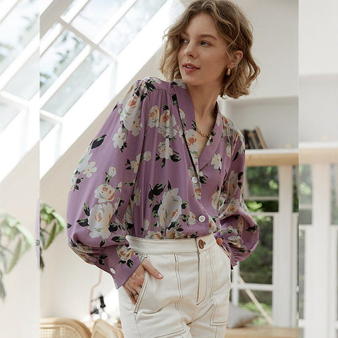 100% Silk Blouse Women Shirt Vintage Style Flower Printed Long Sleeves Loose V Neck Graceful Style Fashion