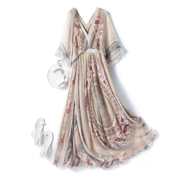 100% Silk Summer Dress 2022 Elegant Maxi Dresses for Women Casual Vintage Short Sleeve Dress Female Vestido De Mujer Pph4364