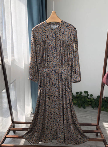 100% Viscose Rose Print Robe Women Single Breasted O-neck Vintage Elastic Waist Female Mid-calf Dress 2022 Early Autumn