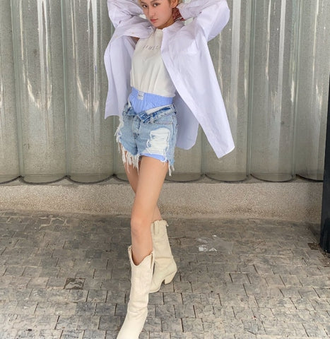 110203 Summer Classic Letter Print Brand  Design Feeling of Burr High Waist Versatile Casual Denim Shorts  A2