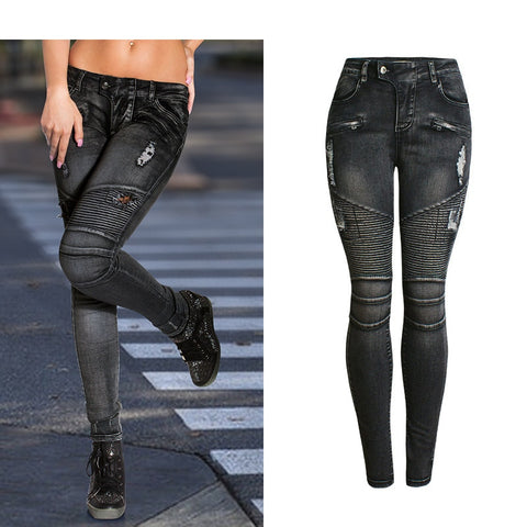114 Biker Jeans Women Summer Vintage Elastic Patchwork Ripped Hole Slim Fit Streetwear Washed Denim Pencil Pants Female