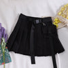 1207 pocket pleated skirt short skirt dark black women's high waist punk Japanese work dress belt skirt fashion