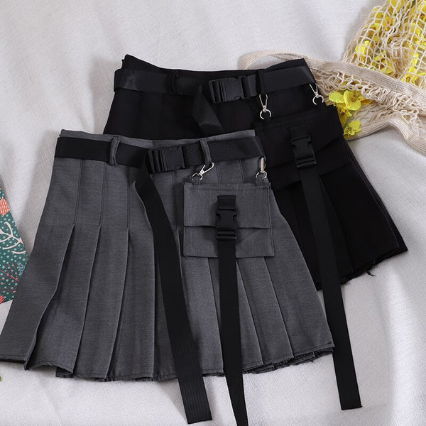 1207 pocket pleated skirt short skirt dark black women's high waist punk Japanese work dress belt skirt fashion
