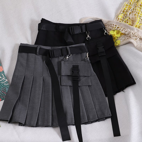 1207 pocket pleated skirt short skirt dark black women's high waist punk Japanese work dress belt skirt fashion