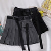 1207 pocket pleated skirt short skirt dark black women's high waist punk Japanese work dress belt skirt fashion