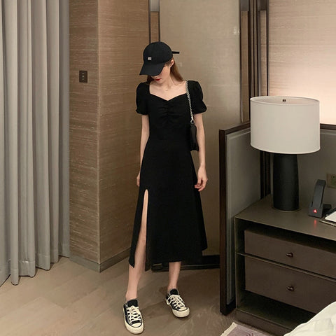 1276 early spring small black skirt seaside holiday beach skirt women's super fairy Sanya long skirt split black dress