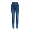 135 High Waist Pencil Jeans Women Spring Autumn Elastic Slim Button Thin Chic V Drilling Casual Washed Denim Pants