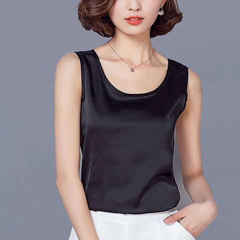Summer Tank Top Loose Casual satin silk Solid Sleeveless Vest All-match shirts blouse tops for Women Silk Bright Tops