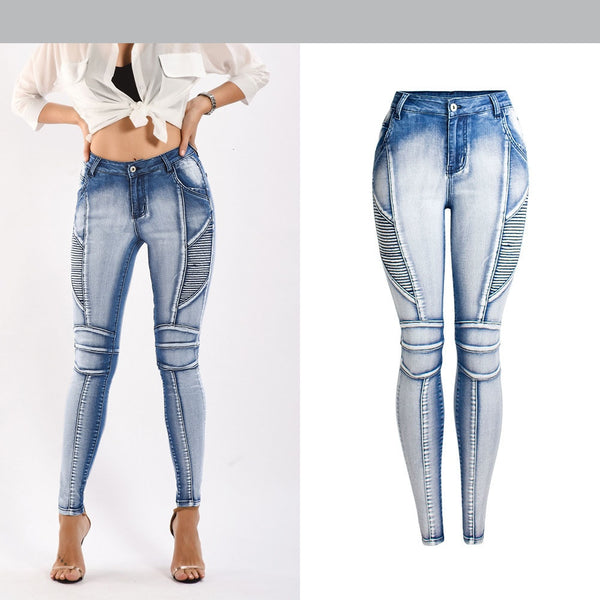 173 Women's Pants Locomotive Clothing Casual Elastic Slim Patchwork Washed Bleached Feme Spring Streetwear Pencil Jeans