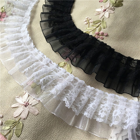 1Yard Pleated White Lace Trim Fabric 5cm Craft Supplies DIY Sewing Black Lace Ribbon Guipure Dress Clothes Decoration KQ5