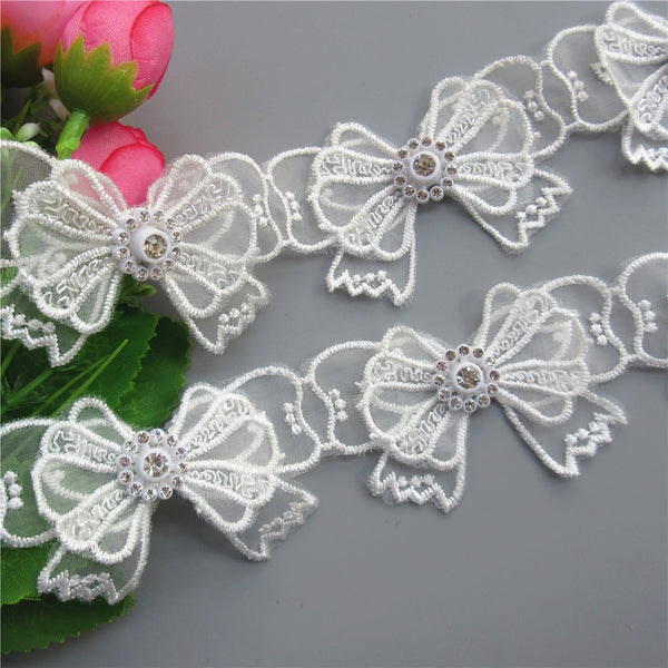1yard Mesh Lace Bowknot Rhinestones Embroidered Lace Trim Ribbon Patches Applique Fabric DIY Wedding Dress Sewing Supplies Craft
