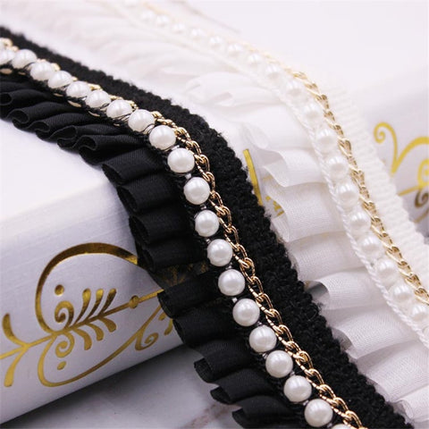 1yard Vintage White Pearl Beaded Cotton Chiffon Embroidered Lace Ribbon Trim Lace Fabric Handmade DIY Wedding Dress Sewing Craft