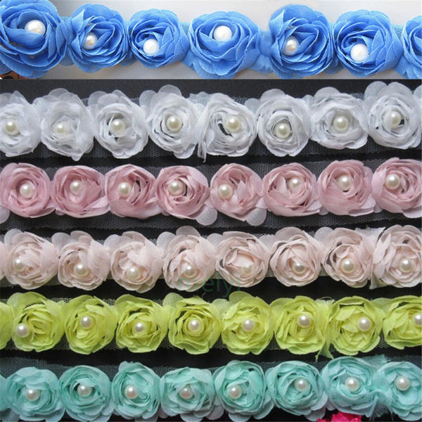 2 Meters 5cm Chiffon Pearl 3D Rose Flower Lace Edge Trim Ribbon Embroidered Applique Sewing Craft Crochet Wedding Dress Clothes