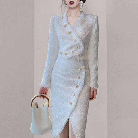 2 Pcs Autumn Women Tweed Single Breasted Blazer White Tassels Coats Slim Cut Skirt Women's Sexy Party Suits With Skirts SY277