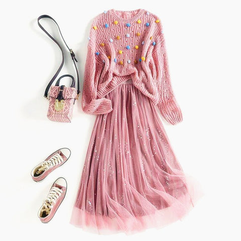 2 Pcs Pink Spring Autumn Oversized Knit Colorful Balls Sweater And Sequines Shinny Long Party Skirt Pretty Suit NS381