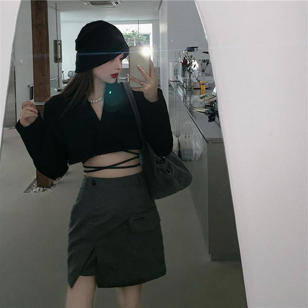 2 Pcs/Set Chic Autumn Blazer Skirt Suit Short Pattern Thermal Outwear High Waist  Autumn Blazer Skirt Suit