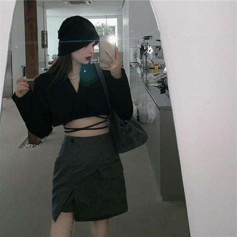 2 Pcs/Set Chic Autumn Blazer Skirt Suit Short Pattern Thermal Outwear High Waist  Autumn Blazer Skirt Suit