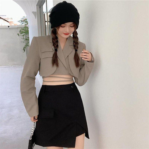 2 Pcs/Set Women Blazer Skirt Suit Lapel Long Sleeves Short Pattern Lace Up Warm Waist-exposed Retro High Street Coat Skirt Set