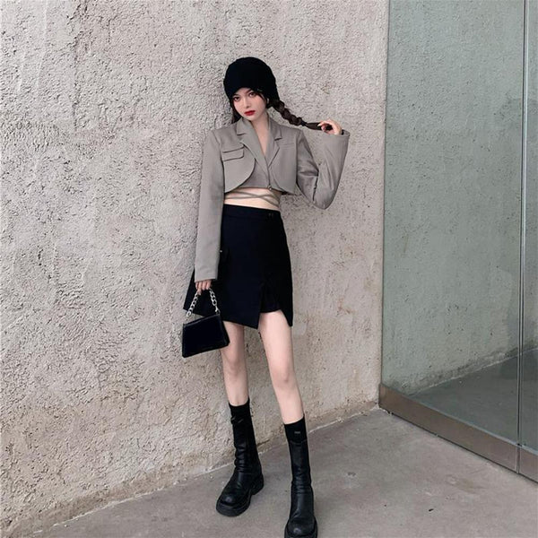 2 Pcs/Set Women Coat Skirt Set  Stylish Notched Collar Women Coat Skirt Suit  Outwear Spring Blazer Skirt Suit