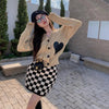 2 Pcs Spring Knitted V Neck Cardigans Hearts Appliques Sweaters Tops Women Knitting Plaid Skirt Suit Slim Clothing Set NS295