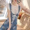 2 Pcs Summer Women Ruffles Lace Blouses Shirts Short Flare Sleeve Tops And Long Floral Print Lace Up Skirts Overall Suits NS676
