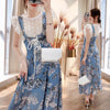 2 Pcs Summer Women Ruffles Lace Blouses Shirts Short Flare Sleeve Tops And Long Floral Print Lace Up Skirts Overall Suits NS676