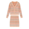 2 Pcs Women Spring Autumn Cardigan Knitted Korean Style Sweaters Tops Orange Plaid Loose Sweater And Skirts Suits Sets SY047