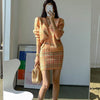 2 Pcs Women Spring Autumn Cardigan Knitted Korean Style Sweaters Tops Orange Plaid Loose Sweater And Skirts Suits Sets SY047
