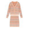 2 Pcs Women Spring Autumn Cardigan Knitted Korean Style Sweaters Tops Orange Plaid Loose Sweater And Skirts Suits Sets SY047