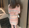 2 Pcs Women Spring Autumn Cardigan Knitted Korean Style Sweaters Tops Orange Plaid Loose Sweater And Skirts Suits Sets SY047