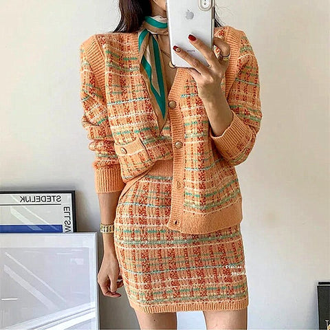 2 Pcs Women Spring Autumn Cardigan Knitted Korean Style Sweaters Tops Orange Plaid Loose Sweater And Skirts Suits Sets SY047