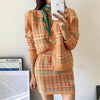 2 Pcs Women Spring Autumn Cardigan Knitted Korean Style Sweaters Tops Orange Plaid Loose Sweater And Skirts Suits Sets SY047