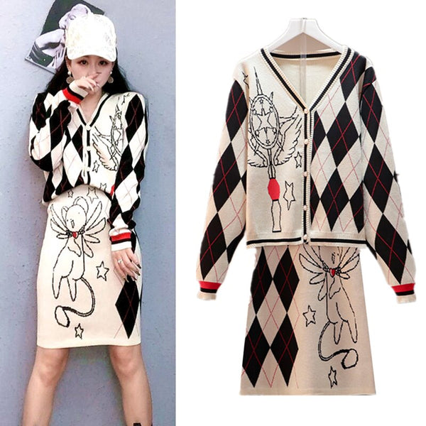 2 Pcs Women Spring Autumn Cardigan Knitted Long Sleeve Sweaters Tops Cartoon Cute Loose Blouses And Skirts Suits Sets SY009