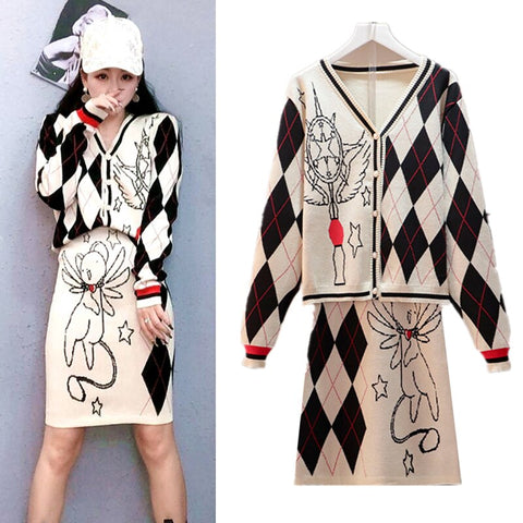 2 Pcs Women Spring Autumn Cardigan Knitted Long Sleeve Sweaters Tops Cartoon Cute Loose Blouses And Skirts Suits Sets SY009